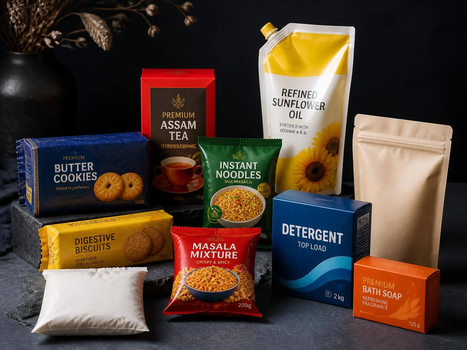 Packaged Indian FMCG goods including biscuits, tea, edible oil, detergent and soap