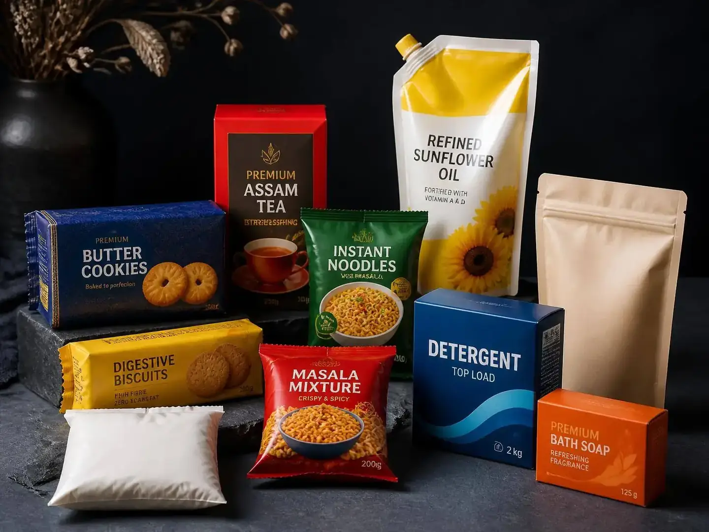 Packaged Indian FMCG goods including biscuits, tea, edible oil, detergent and soap
