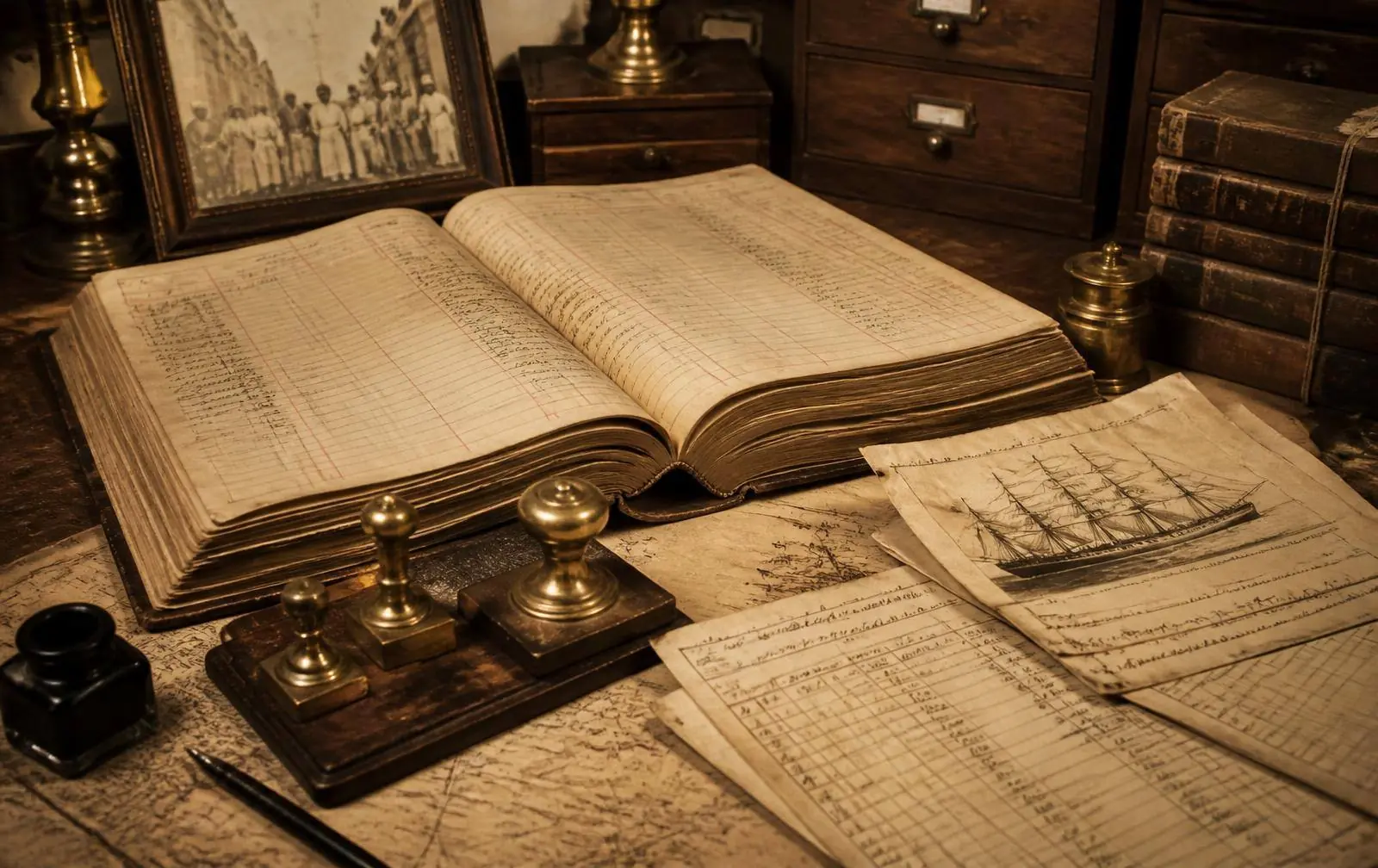 Archival Indian trading ledger and hand-written accounts