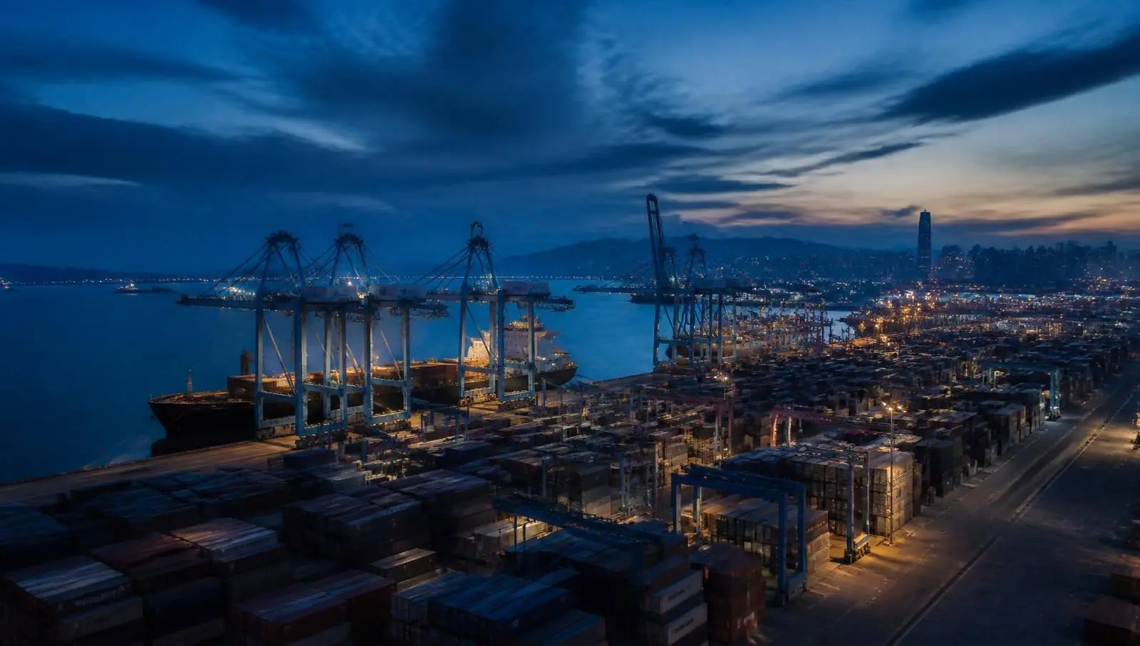 International container port at dusk