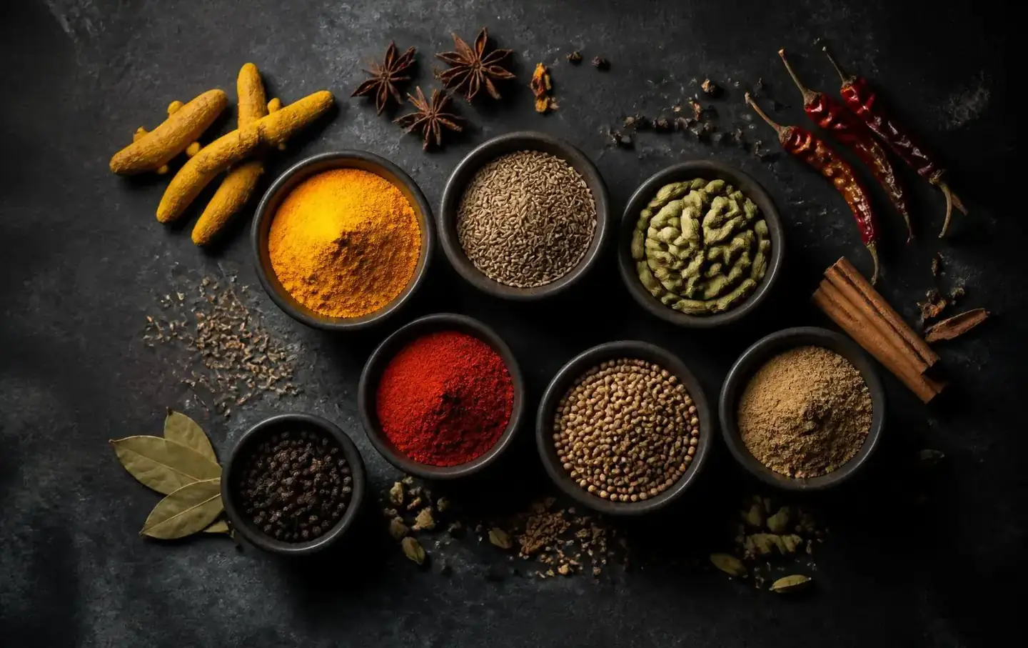 Whole and ground Indian spices in dark bowls