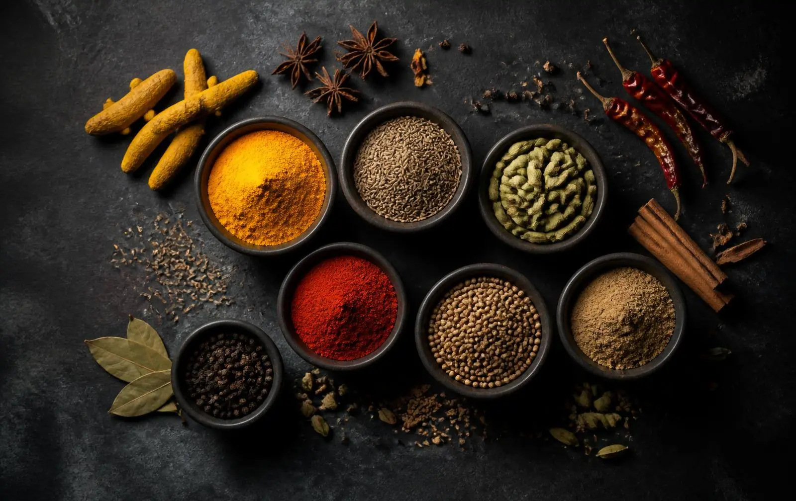 Whole and ground Indian spices in dark bowls